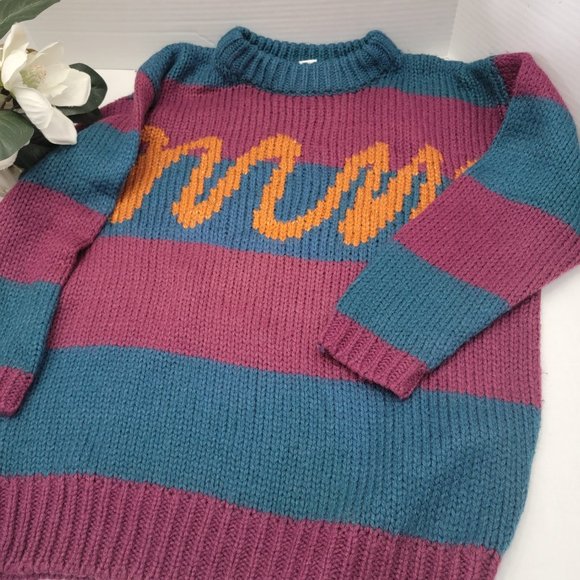 Vintage Susann d oversized Knit Womens Pullover Sweater Teal Purple Orange M - Picture 4 of 10